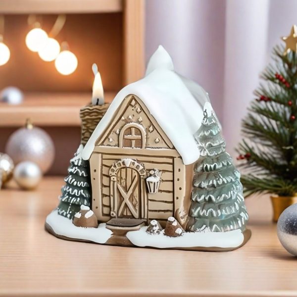 Resin Christmas Winter Snow House Smoking Chimney Log Cabin Incense Burner-D