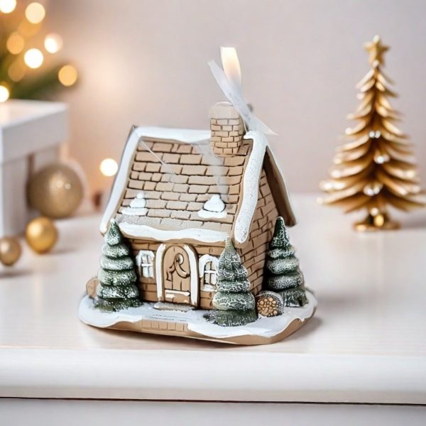 Resin Christmas Winter Snow House Smoking Chimney Log Cabin Incense Burner - Pattern A