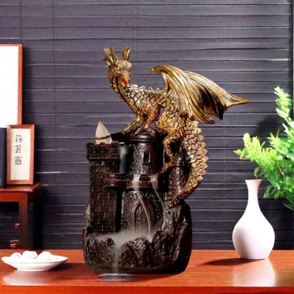 Resin Golden Dragon Castle Waterfall Backflow Smoking Incense Burner