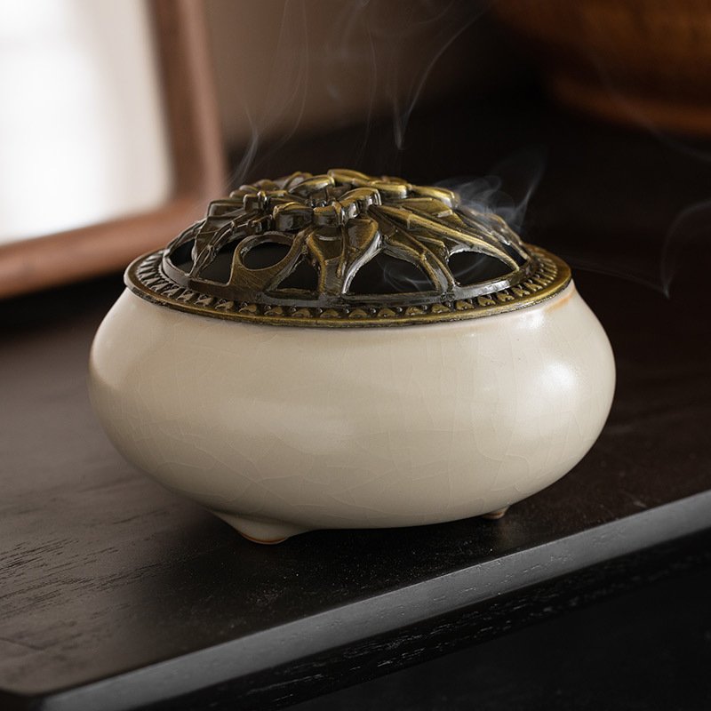 Chinese Ru Kiln Crackle Glazed Porcelain Bowl Coil Incense Holder with Elegant Floral Lids | Lulu Incense