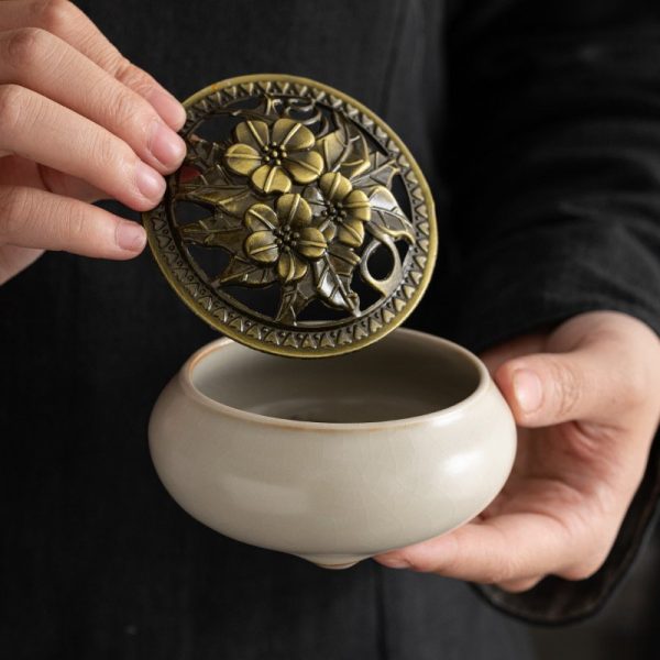 Chinese Ru Kiln Crackle Glazed Porcelain Bowl Coil Incense Holder with Elegant Floral Lids | Lulu Incense
