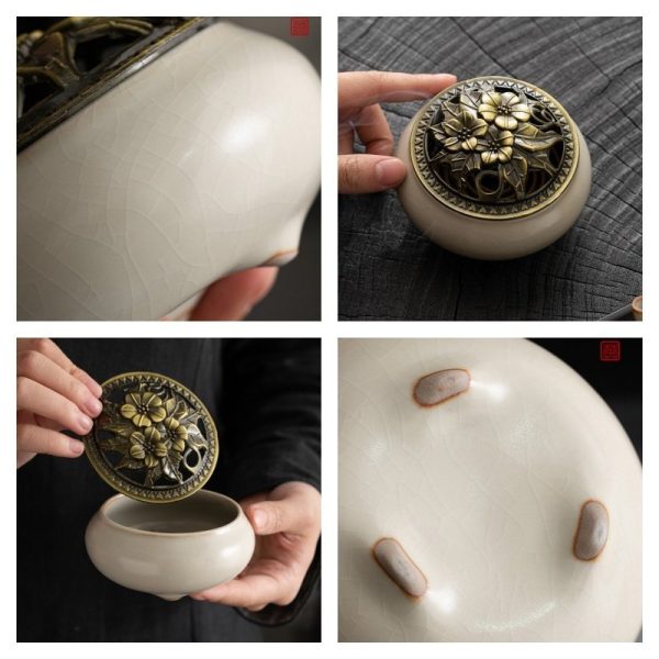 Chinese Ru Kiln Crackle Glazed Porcelain Bowl Coil Incense Holder with Elegant Floral Lids | Lulu Incense
