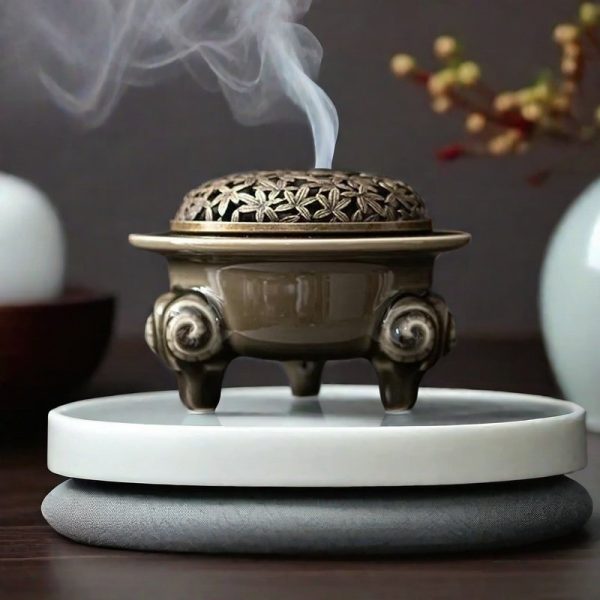 Sheep Horn Three-Legged Ceramic Cauldron Incense Cone Censer Burner Holder For Sale