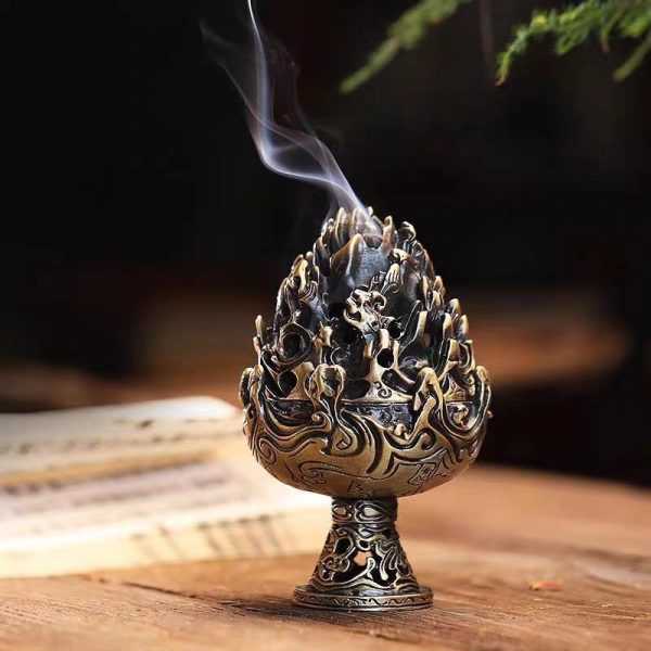 Small Alloy Mountain Carved Tree Cone Incense Burner Holder for Sale | Lulu Incense