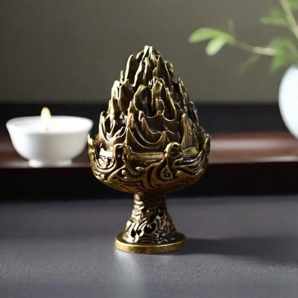 Small Alloy Mountain Carved Tree Cone Incense Burner Holder for Sale