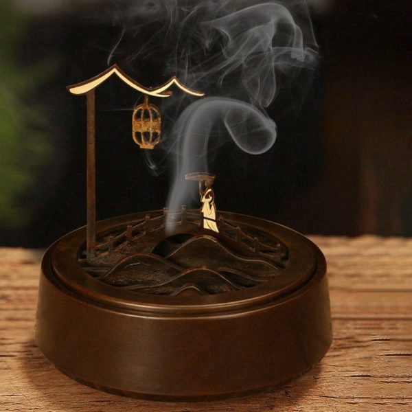 Traditional Hand Carved Mountain and Bridge Japanese Antique Brass Incense Burner | Lulu Incense