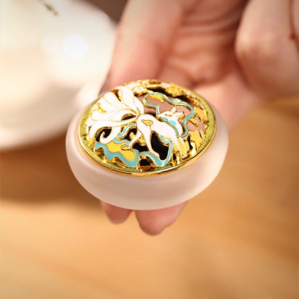 Chinese Gold Glazed Crystal Jade Cone Incense Burner Holder with Nine-tailed Fox Lid | Lulu Incense