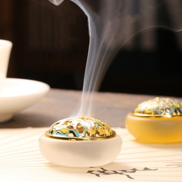 Chinese Gold Glazed Crystal Jade Cone Incense Burner Holder with Nine-tailed Fox Lid | Lulu Incense