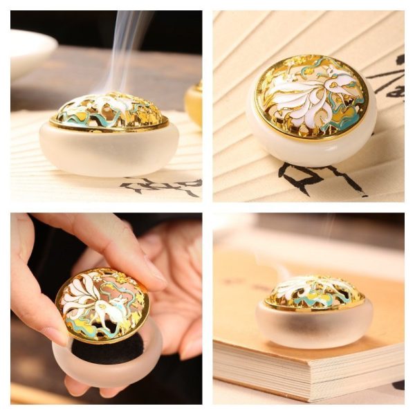 Chinese Gold Glazed Crystal Jade Cone Incense Burner Holder with Nine-tailed Fox Lid | Lulu Incense
