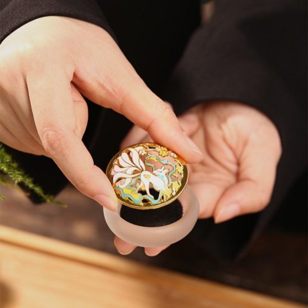 Chinese Gold Glazed Crystal Jade Cone Incense Burner Holder with Nine-tailed Fox Lid | Lulu Incense