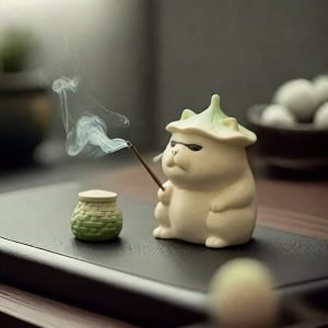 Unique Playful Fat Cat Doing Fishing Ceramic Stick Incense Burner Holder