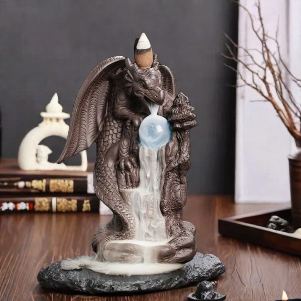 Unique Pterosaur Dragon Purple Clay Ceramic Incense Backflow Waterfall Burner with LED Lighting