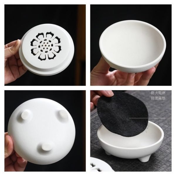 Vintage Black and White Hollowed Flower Ceramic Coil Incense Cone Burner Holder with Lid