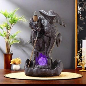 Vintage Ceramic Flying Dragon Color Changing Incense Burner Backflow with Electrical LED Lighting