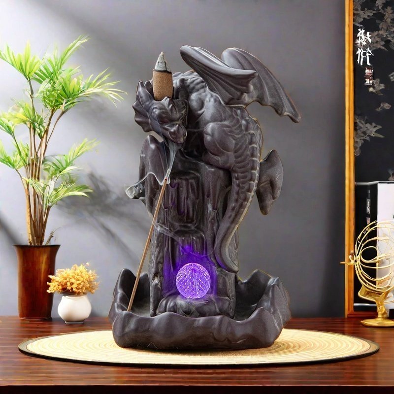 Vintage Ceramic Flying Dragon Color Changing Incense Burner Backflow with Electrical LED Lighting