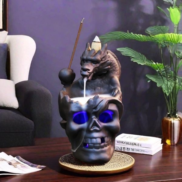 Vintage Ceramic Halloween Dragon Skull LED Lighting Waterfall Backflow Incense Burner