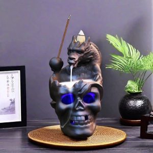 Vintage Ceramic Halloween Dragon Skull LED Lighting Waterfall Backflow Incense Burner