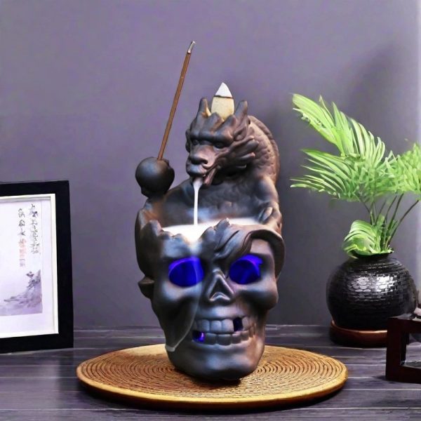 Vintage Ceramic Halloween Dragon Skull LED Lighting Waterfall Backflow Incense Burner