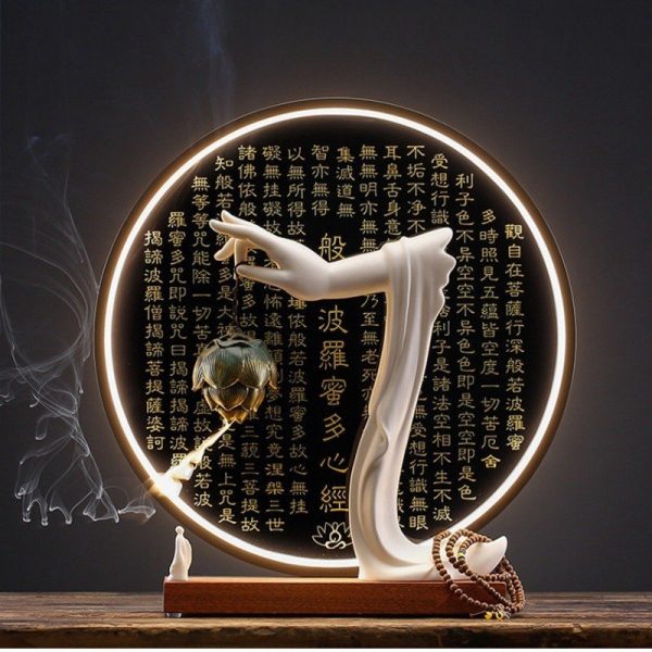 Electric LED Ceramic Zen Theme Standing Buddha Waterfall Incense Burner With Lotus and Cloud Wooden Base