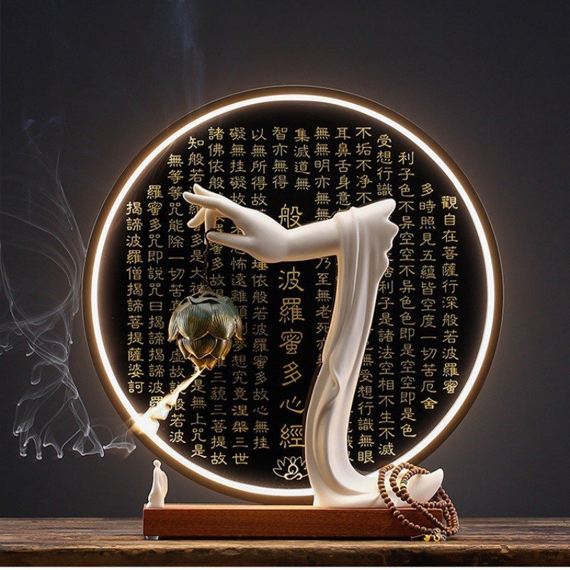 Electric LED Ceramic Zen Theme Standing Buddha Waterfall Incense Burner With Lotus and Cloud Wooden Base Electric LED Ceramic Zen Theme Standing Buddha Waterfall Incense Burner With Lotus and Cloud Wooden Base