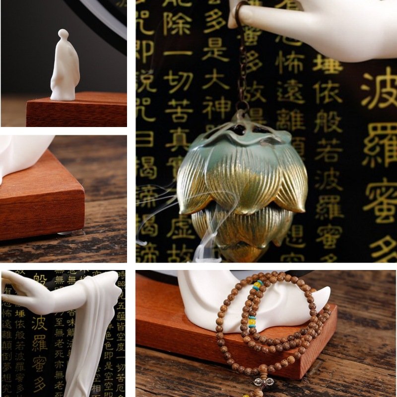 Electric LED Ceramic Zen Theme Standing Buddha Waterfall Incense Burner With Lotus and Cloud Wooden Base Electric LED Ceramic Zen Theme Standing Buddha Waterfall Incense Burner With Lotus and Cloud Wooden Base