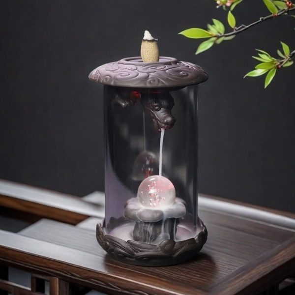 Vintage Ceramic and Acrylic Electrical LED Dragon Incense Waterfall Burner Holder