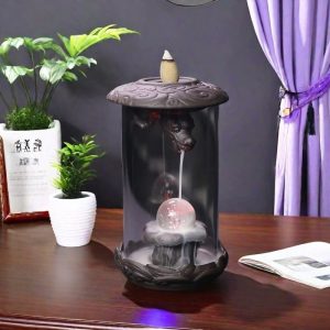 Vintage Ceramic and Acrylic Electrical LED Dragon Incense Waterfall Burner Holder