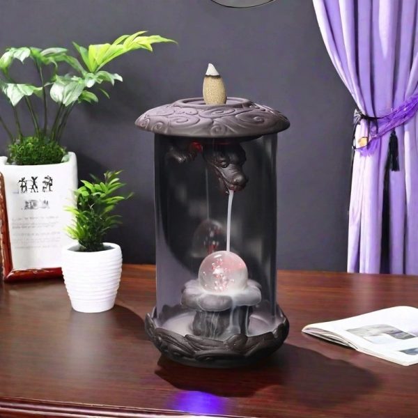 Vintage Ceramic and Acrylic Electrical LED Dragon Incense Waterfall Burner Holder