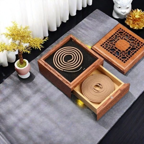 Vintage Double  Decks Square Wooden Box Cone Incense Burner Holder with Removable Drawer