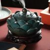 Vintage Green Lotus Ceramic Coil Incense Bowl Burner with Lid & Wooden Base