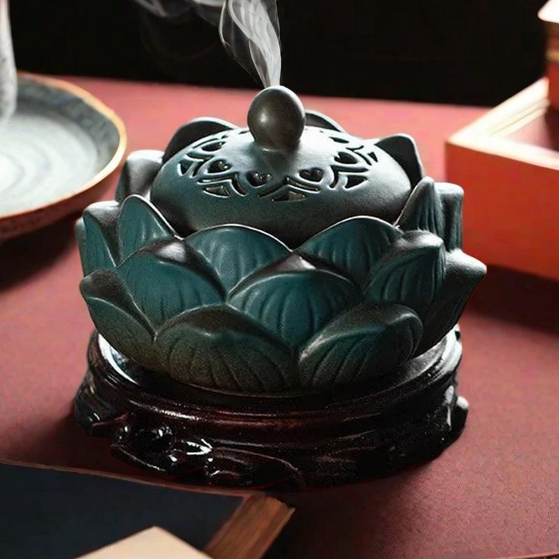 Vintage Green Lotus Ceramic Coil Incense Bowl Burner with Lid & Wooden Base Vintage Green Lotus Ceramic Coil Incense Bowl Burner with Lid & Wooden Base