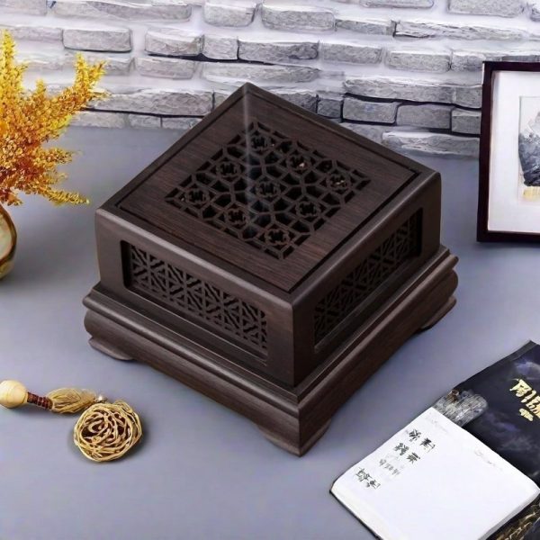 Vintage Hollowed Plum Premium Blackwood Cones Wooden Box Coil Incense Holder