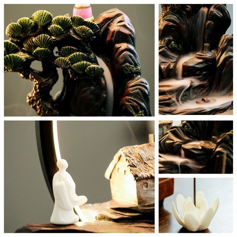 Vintage Resin Mountain and House Landscape Scent Fountain Waterfall Incense Burner with LED Light Vintage Resin Mountain and House Landscape Scent Fountain Waterfall Incense Burner with LED Light