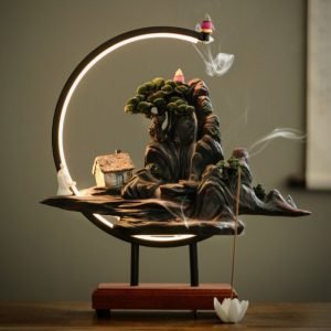 Vintage Resin Mountain and House Landscape Scent Fountain Waterfall Incense Burner with LED Light