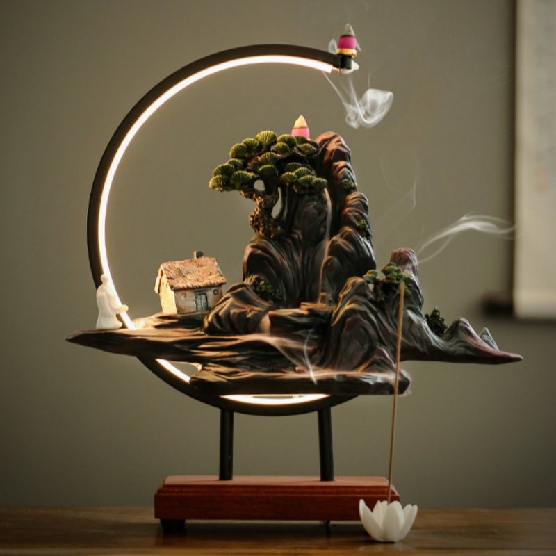 Vintage Resin Mountain and House Landscape Scent Fountain Waterfall Incense Burner with LED Light Vintage Resin Mountain and House Landscape Scent Fountain Waterfall Incense Burner with LED Light