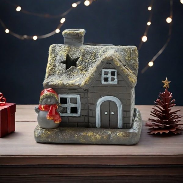 White and Golden Christmas House with Smoking Chimney Log Cabin Incense Burner for Sale - white one