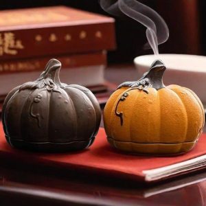 Yellow and Brown Pumpkin Shaped Ceramic Cone & Charcoal Incense Burner Holder