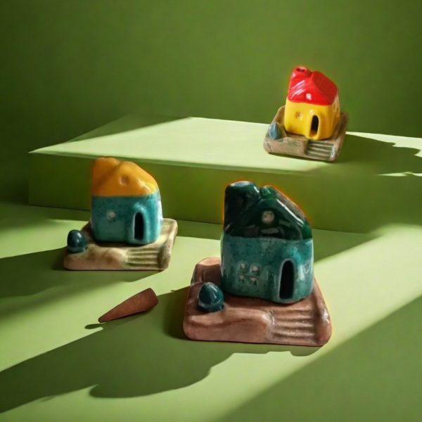 Yellow and Green Resin Smoking Chimney Log Cabin Incense Burning Holder
