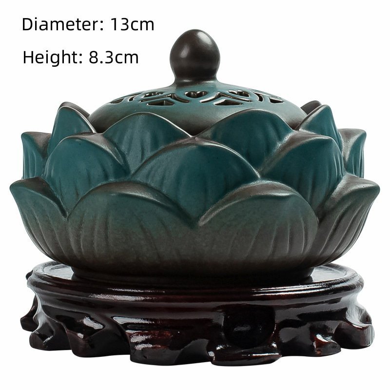 Vintage Green Lotus Ceramic Coil Incense Bowl Burner with Lid & Wooden Base Vintage Green Lotus Ceramic Coil Incense Bowl Burner with Lid & Wooden Base