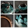 Vintage Green Lotus Ceramic Coil Incense Bowl Burner with Lid & Wooden Base
