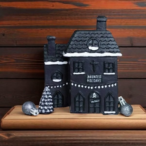 Resin Black Haunted House with Smoking Chimney Log Cabin Incense Burner