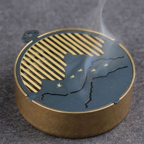 Antique Blue and Red Mountain Theme Brass Incense Charcoal Burner