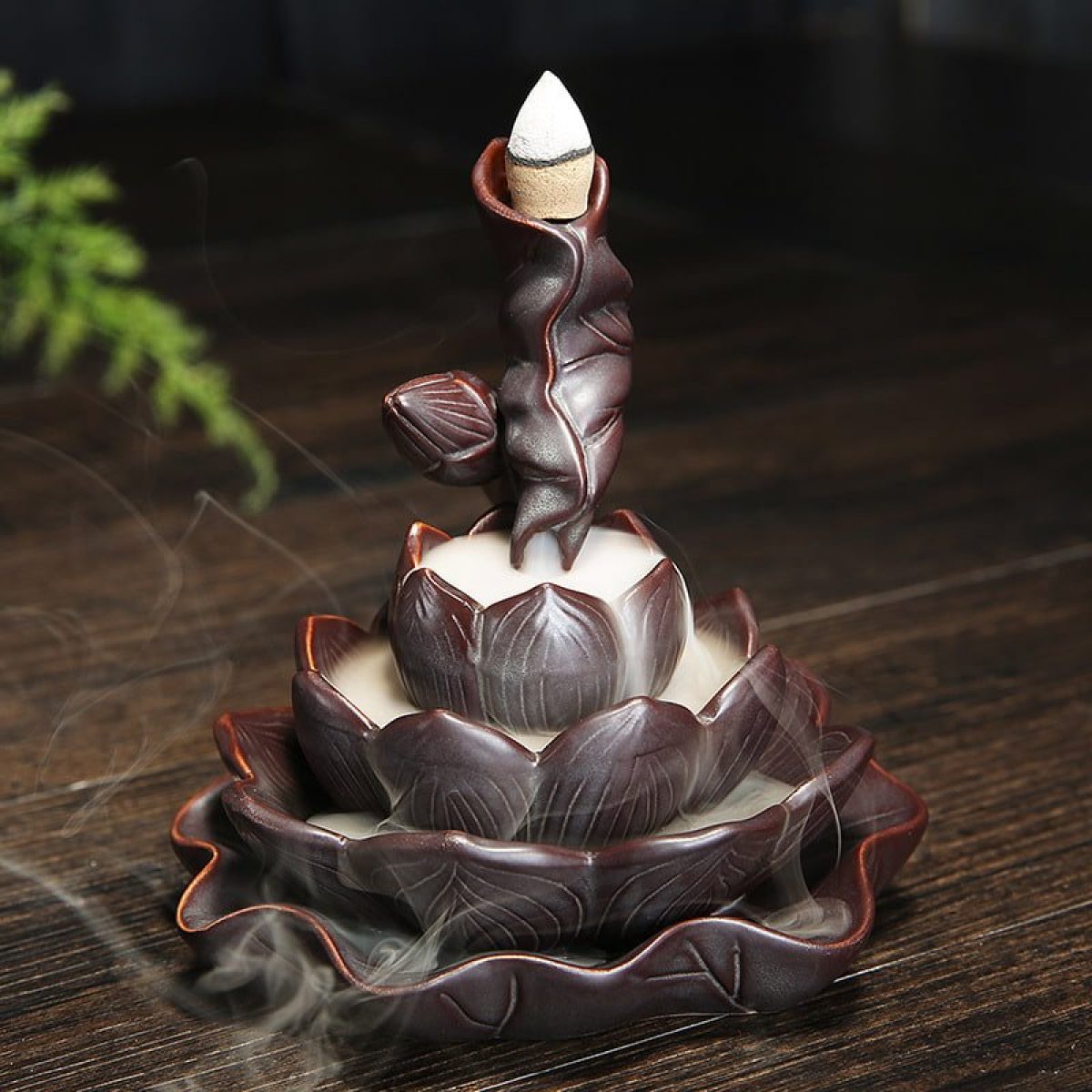Antique Lotus Theme Purple Clay Incense Backflow Cone Waterfall Burner Holder