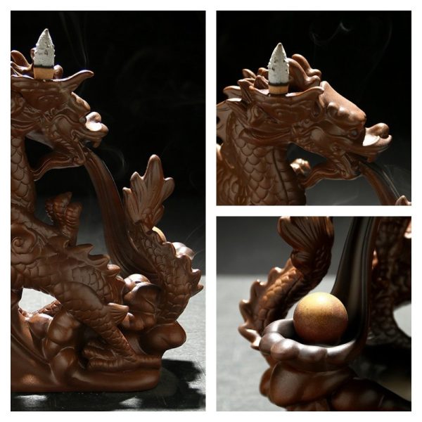 Brown Dragon Ceramic Waterfall Incense Backflow Burner Holder