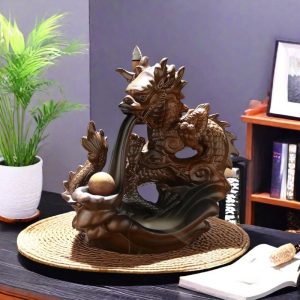 Brown Smoking Dragon Ceramic Waterfall Incense Backflow Burner Holder