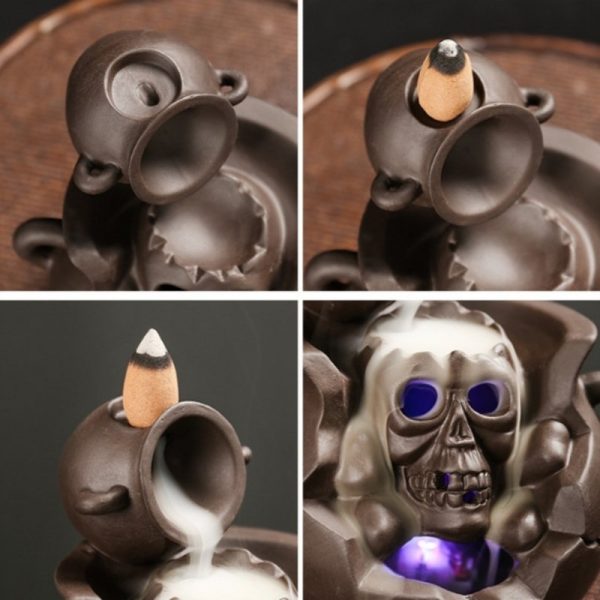 Halloween Purple Clay Pot Skull Waterfall Backflow Incense Burner Holder with Light