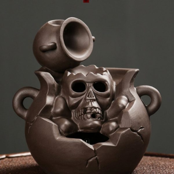 Halloween Purple Clay Pot Skull Waterfall Backflow Incense Burner Holder with Light