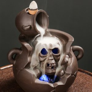 Halloween Purple Clay Pot Skull Waterfall Backflow Incense Burner Holder with Light