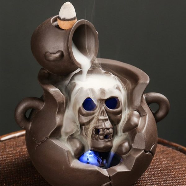 Halloween Purple Clay Pot Skull Waterfall Backflow Incense Burner Holder with Light