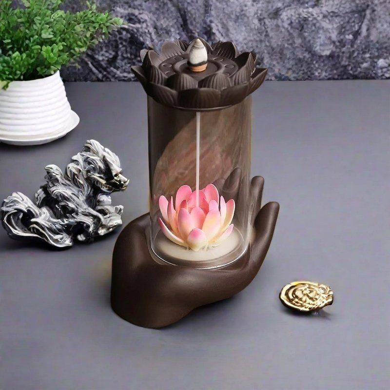 Handmade Traditional Purple Clay Lotus Zen Buddha Hand Incense Burner Backflow Handmade Traditional Purple Clay Lotus Zen Buddha Hand Incense Burner Backflow